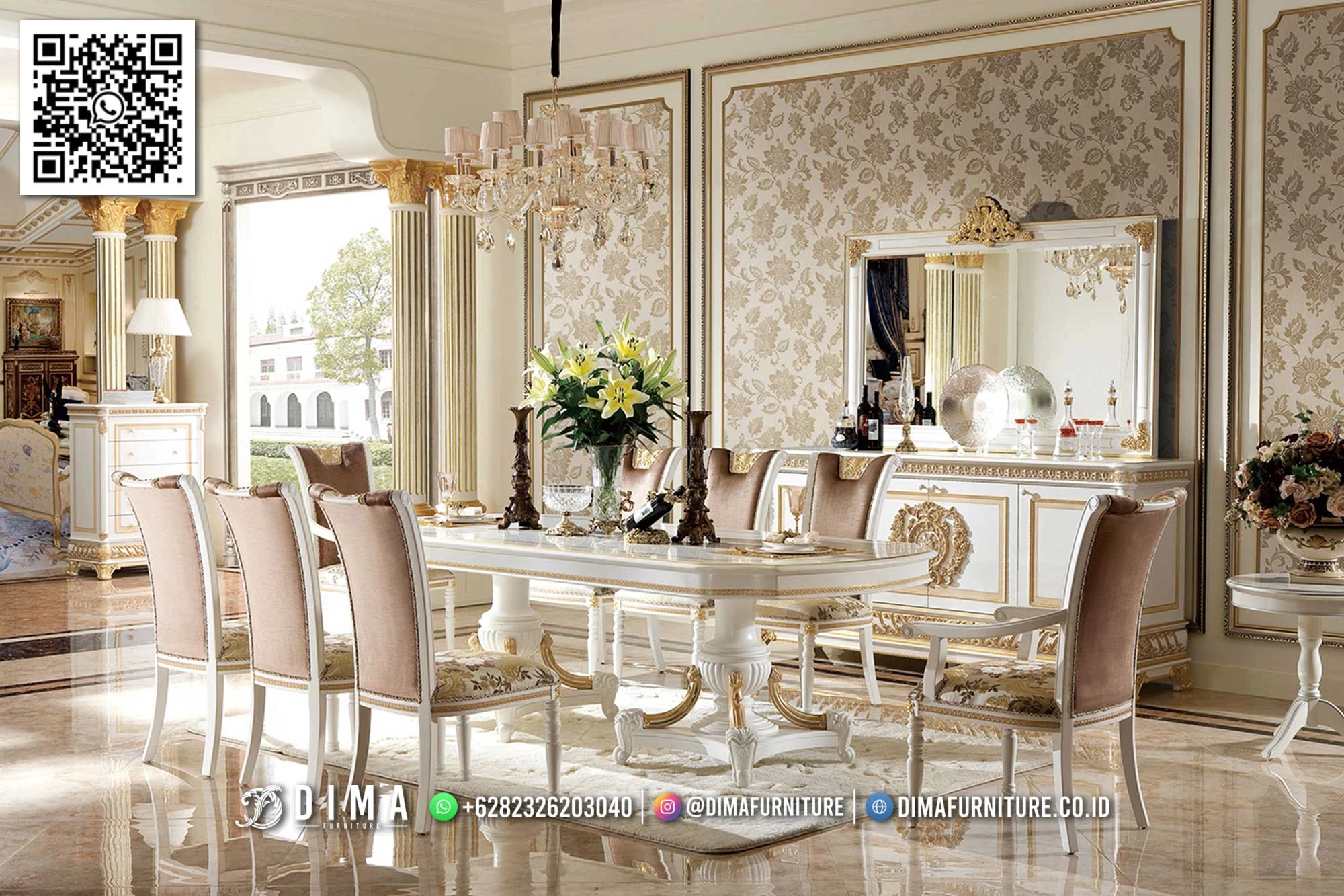 Set Meja Makan Jepara Klasik Mewah Putih Gold Valentina MM2 Set Meja Makan Jepara Klasik Mewah Putih Gold Valentina MM2