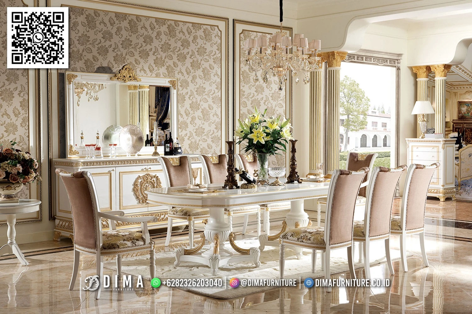 Set Meja Makan Cantik Eropa White Gold Imperial MM145 Set Meja Makan Cantik Eropa White Gold Imperial MM145